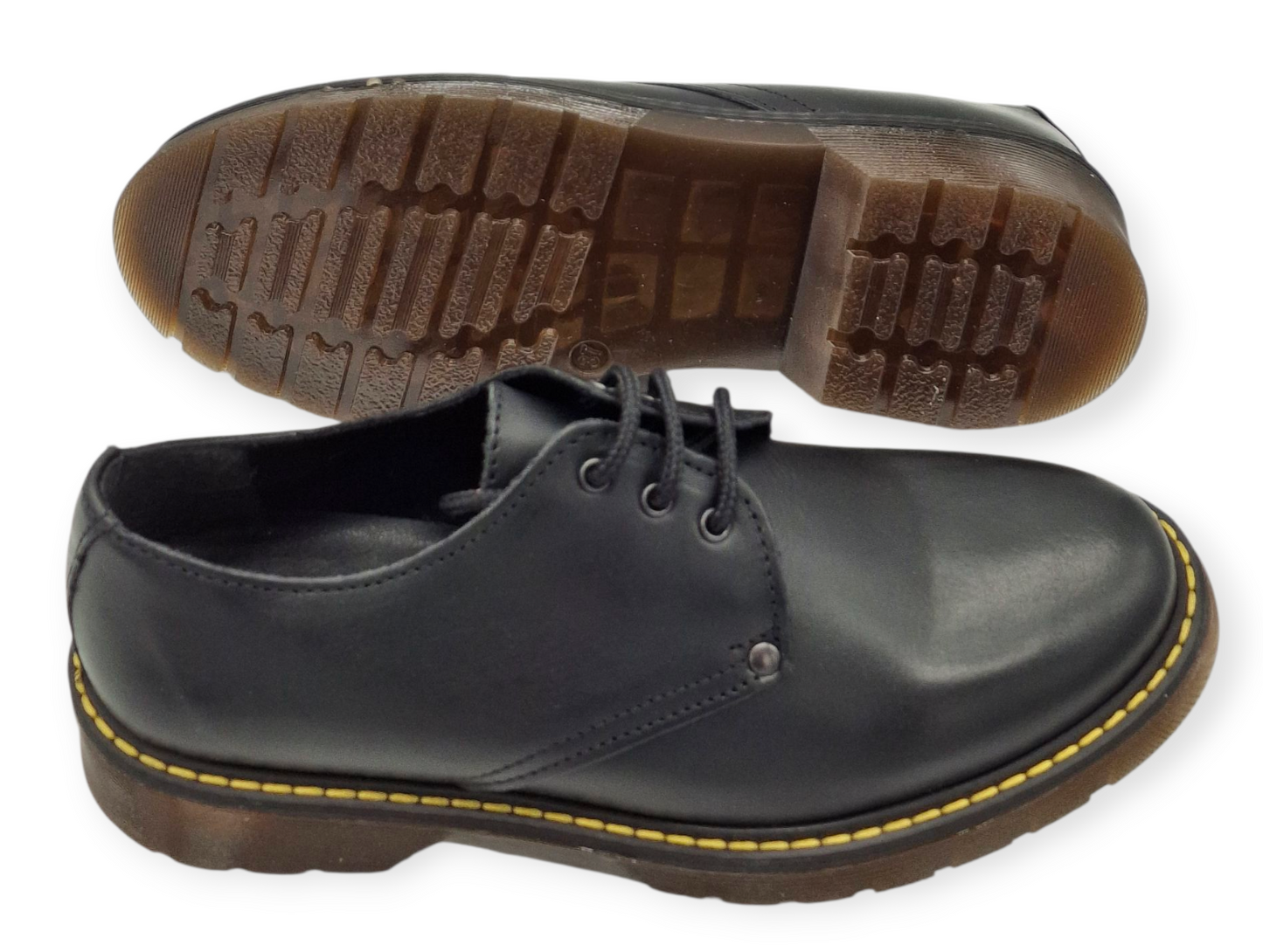 Scarpe Donna Eleganti Derby Nere Vera Pelle Made in Italy Anfibi Suola Gialla