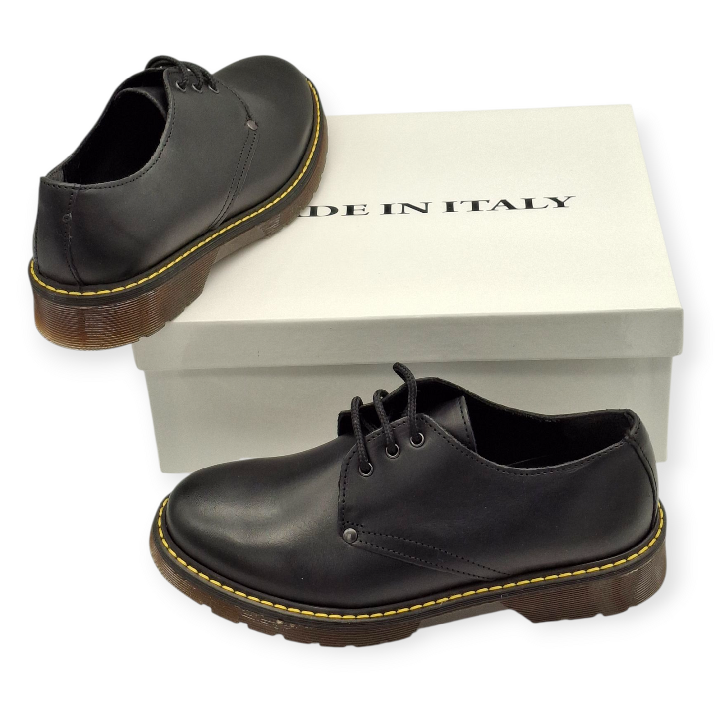 Scarpe Donna Eleganti Derby Nere Vera Pelle Made in Italy Anfibi Suola Gialla