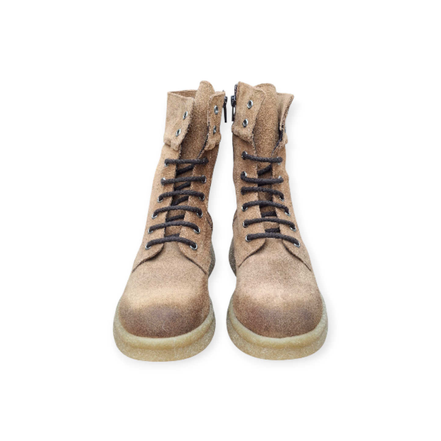 Stivali Combat Anfibi Donna Camoscio Vera Pelle Beige Cammello Suola Carrarmato