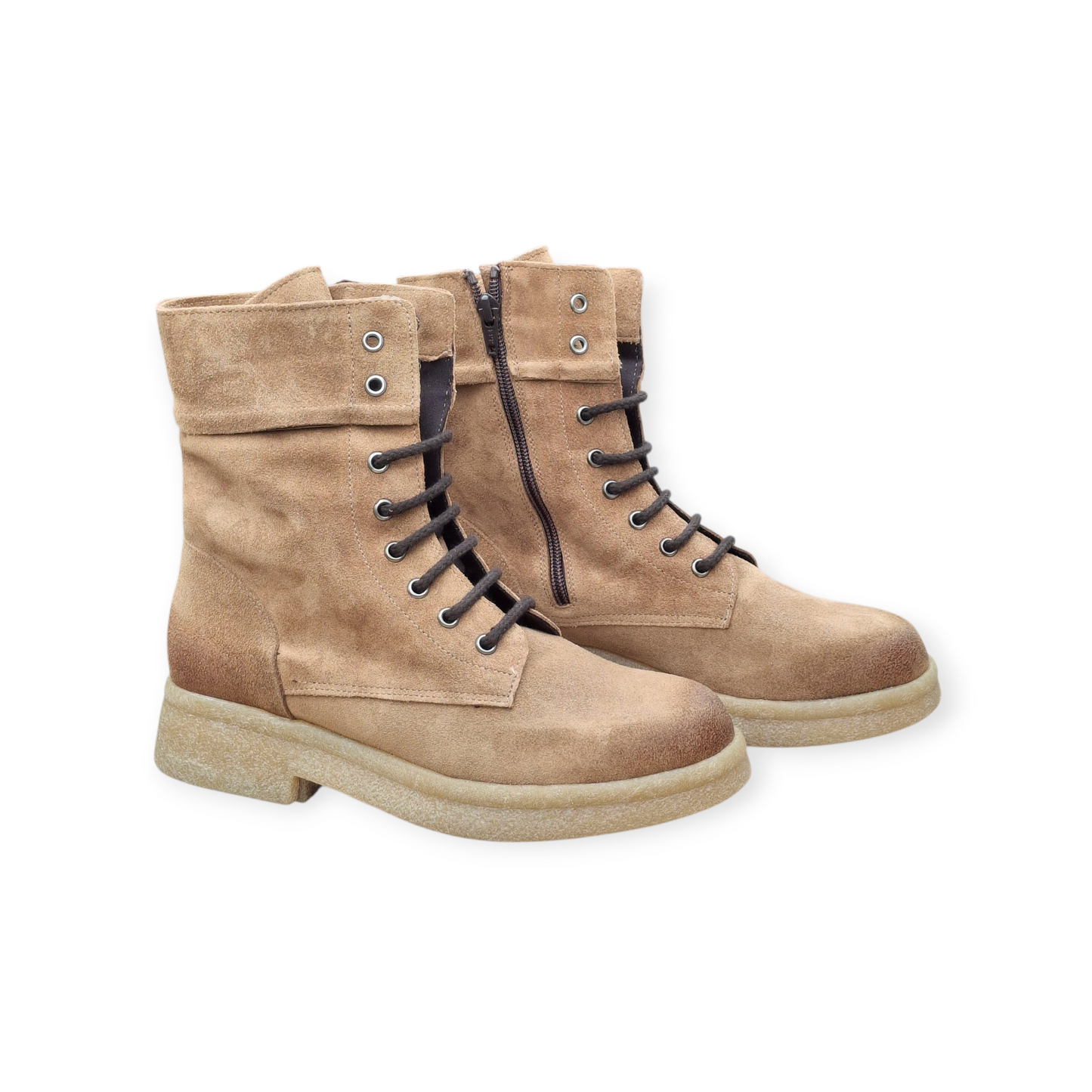 Stivali Combat Anfibi Donna Camoscio Vera Pelle Beige Cammello Suola Carrarmato