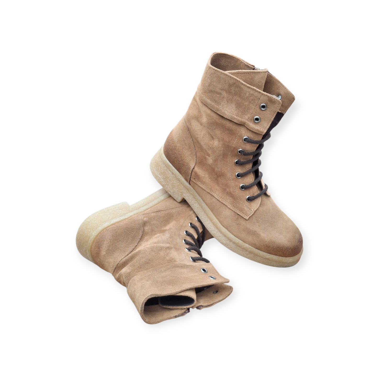 Stivali Combat Anfibi Donna Camoscio Vera Pelle Beige Cammello Suola Carrarmato