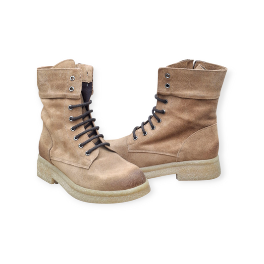 Stivali Combat Anfibi Donna Camoscio Vera Pelle Beige Cammello Suola Carrarmato