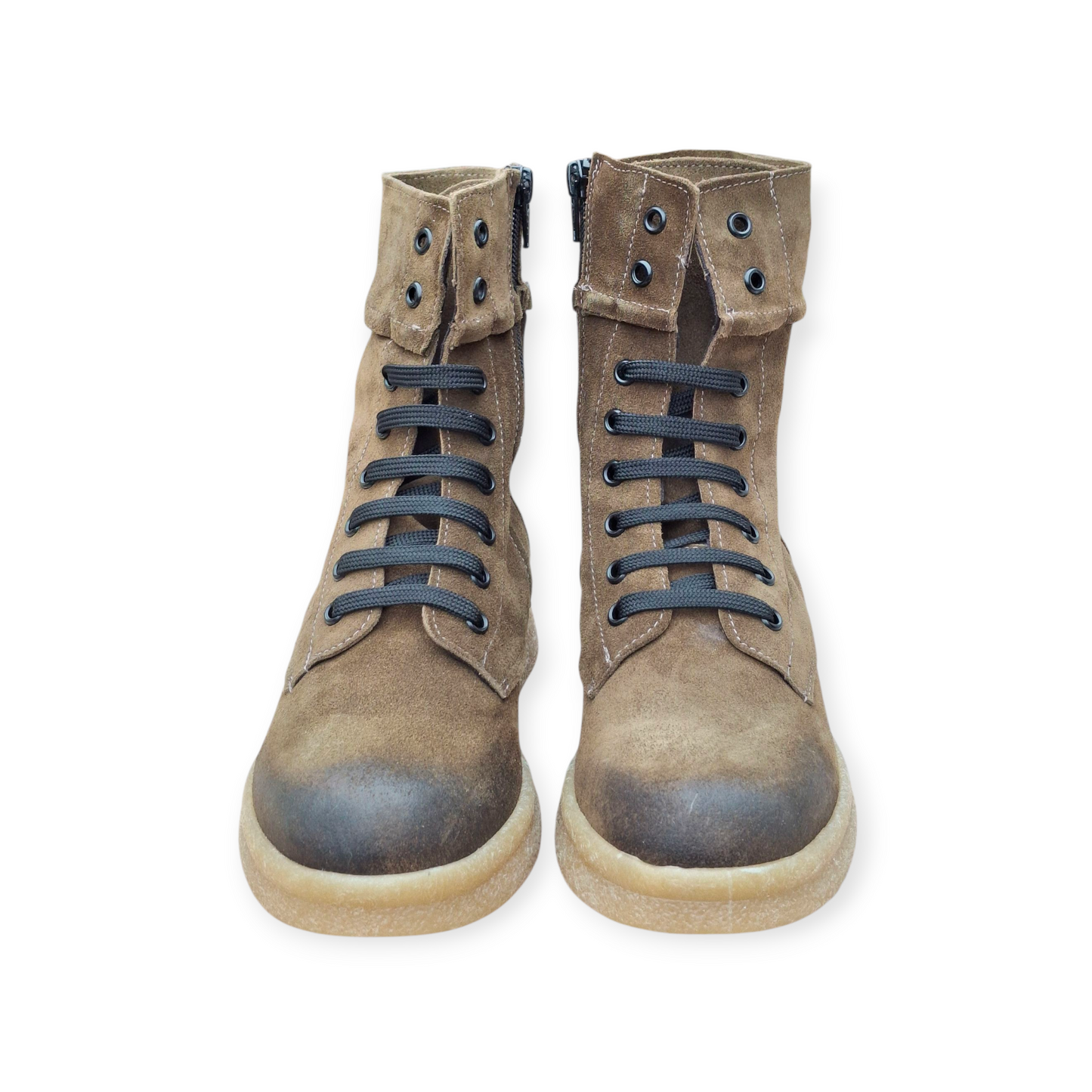 Stivali Combat Anfibi Donna Camoscio Vera Pelle Suola Carrarmato Verde