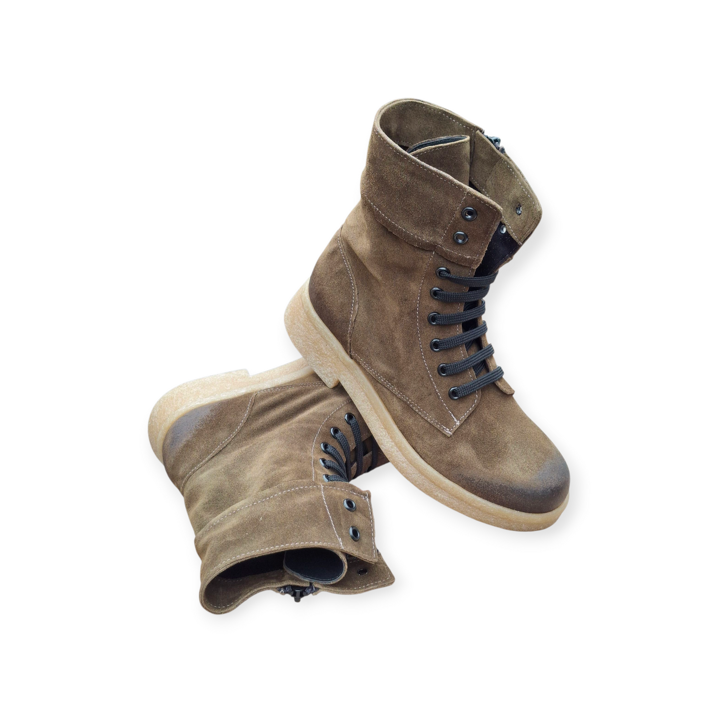 Stivali Combat Anfibi Donna Camoscio Vera Pelle Suola Carrarmato Verde