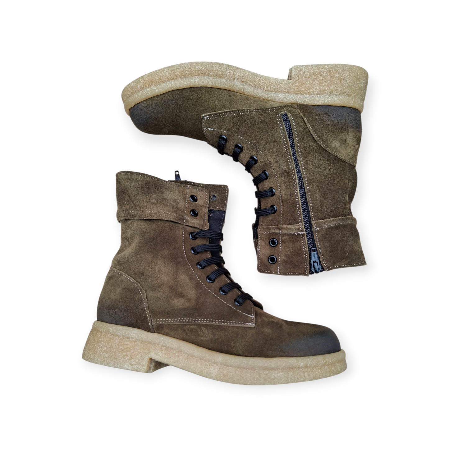 Stivali Combat Anfibi Donna Camoscio Vera Pelle Suola Carrarmato Verde