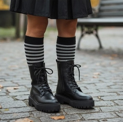 Anfibi Donna Neri Vera Pelle Platform Suola Alta Carrarmato Cerniera Lacci Made Italy