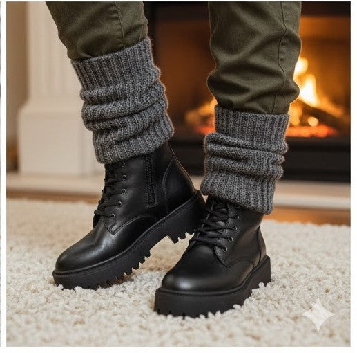 Anfibi Donna Neri Vera Pelle Platform Suola Alta Carrarmato Cerniera Lacci Made Italy