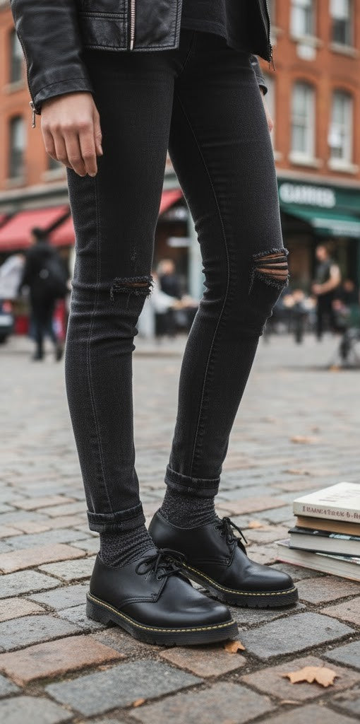 Scarpe Donna Eleganti Derby Nere Vera Pelle Made in Italy Anfibi Suola Gialla