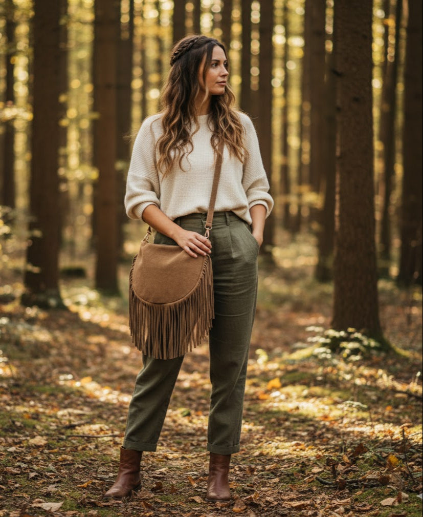 Borsa a Tracolla in Vera Pelle Scamosciata con Frange Stile Boho Chic Camel