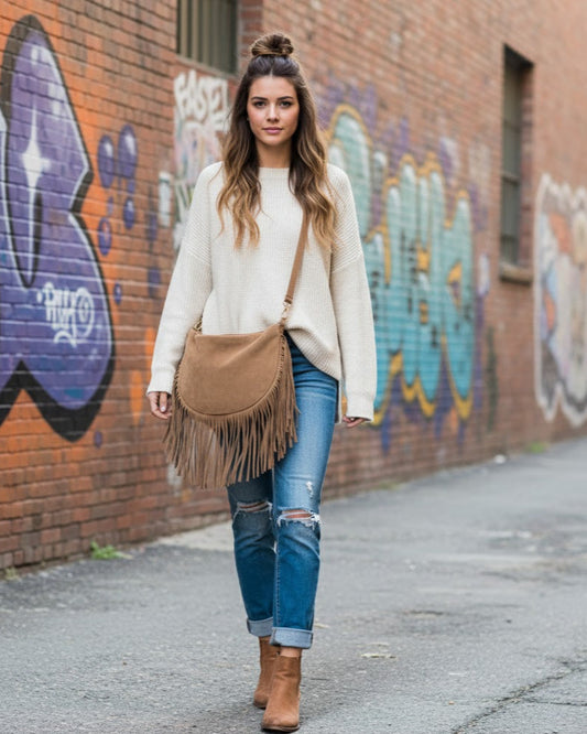 Borsa a Tracolla in Vera Pelle Scamosciata con Frange Stile Boho Chic Camel